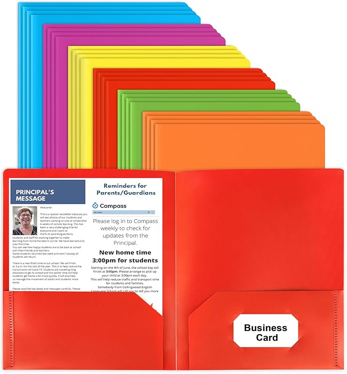 Plastic Folders with Pockets, 24 Color Heavy Duty Two Pocket Folder Business Card Holder for Office High School