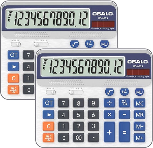 Desktop Calculator Extra Large 5-Inch LCD Display 12-Digit Big Number Accounting Calculator with Giant Response Button, Battery & Solar Powered, Perfect for Office Business Home Daily Use(6815-2pcs)
