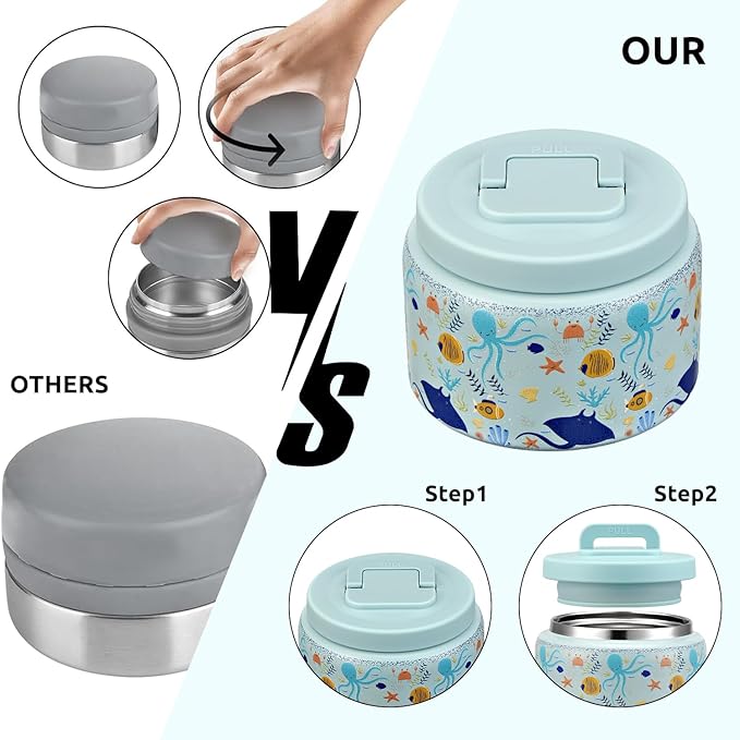 JXXM 8 Oz Thermo Food Jar for Hot & Cold Food for Kids, Insulated Lunch Containers Hot Food Jar,Leak-Proof Vacuum Stainless Steel Wide Mouth Lunch Soup Thermo for School (Blue-Octopus)