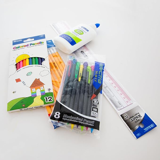 BAZIC PRODUCTS School Supplies Kit – 66 Piece Set for K–12 Students, Stationery Essentials with Colored Pencils, Markers, Pencils, Glue, Erasers, Highlighters, & Correction Tape, 1-Pack