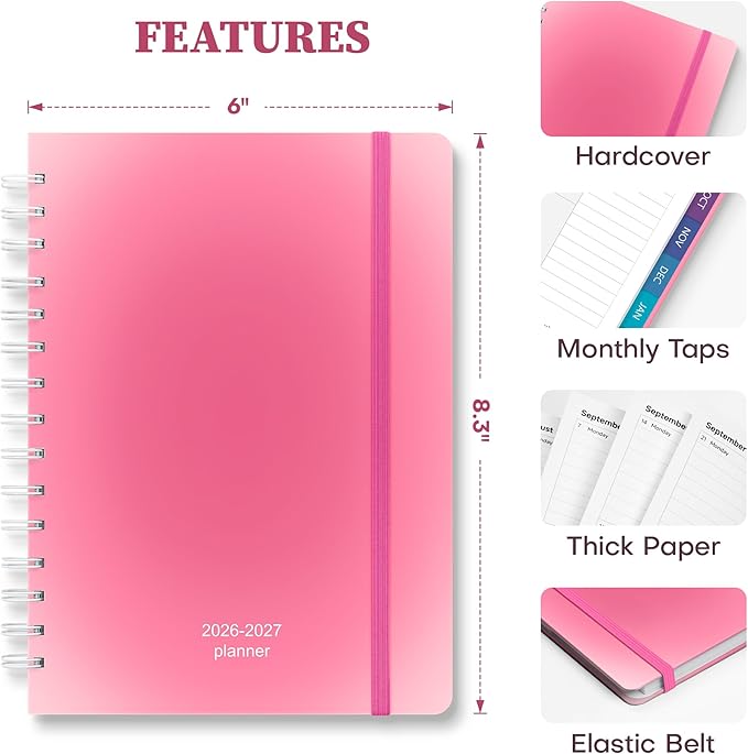 Planner 2026-2027 Monthly and Weekly Academic Planner July 2026 - June 2027, Hardcover Calendar 2026-2027 Agenda Daily Planner for Student Teacher School Office Supplies, 6" x 8.3", Pink Ombre