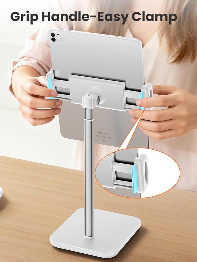 tounee Height Adjustable Tablet Stand, 3.5lb (1.6kg) Max Support, Up to 18" Tall, Slim Portable Monitors Stand Compatible with iPad Pro 12.9, Surface Pro, All 4.7"-15.6" Devices-White
