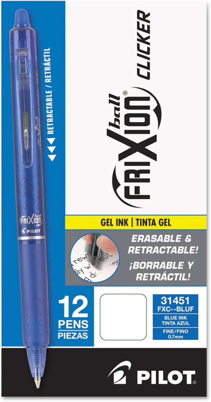 PILOT Pen 31451 FriXion Clicker Erasable, Refillable & Retractable Gel Ink Pens, Fine Point, Blue Ink, 12-Pack
