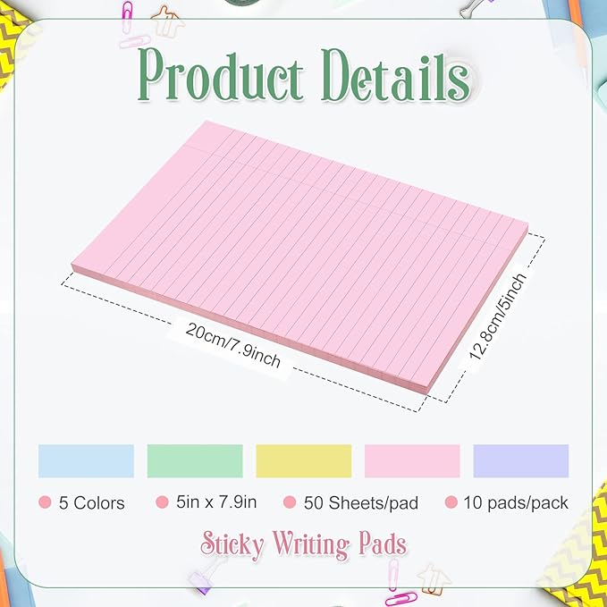TaoBary 10 Pcs Small Legal Pads 5 x 8 Inch Colored Lined Sticky Notepads 500 Sheet Self Stick Ruled Writing Note Pads for School College Office Home Memo Supplies 5 Colors(Pastel Color)