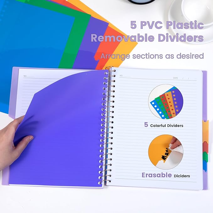 CAGIE Spiral Notebooks for School Work with Removable Dividers Tabs, 8.5” x 11” 5 Subject Notebook College Ruled, Large Lined Journaling Notebook for Women Men Writing, Purple