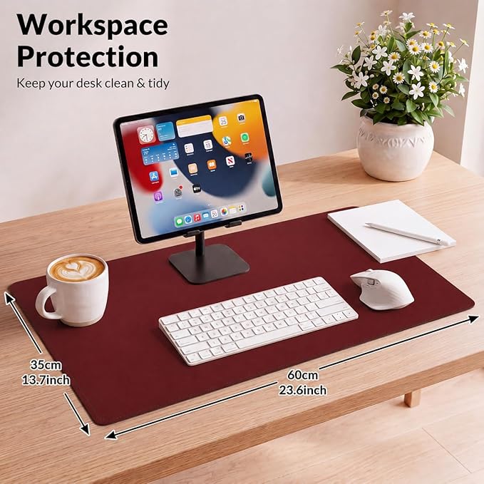 AFIING Leather Desk Pad Protector, Large Mouse Pad, Dual-Sided PU Leather & Natural Cork Desk Mat, Non-Slip Waterproof Laptop Desk Blotter for Office and Home, 23.6" x 13.7", Red