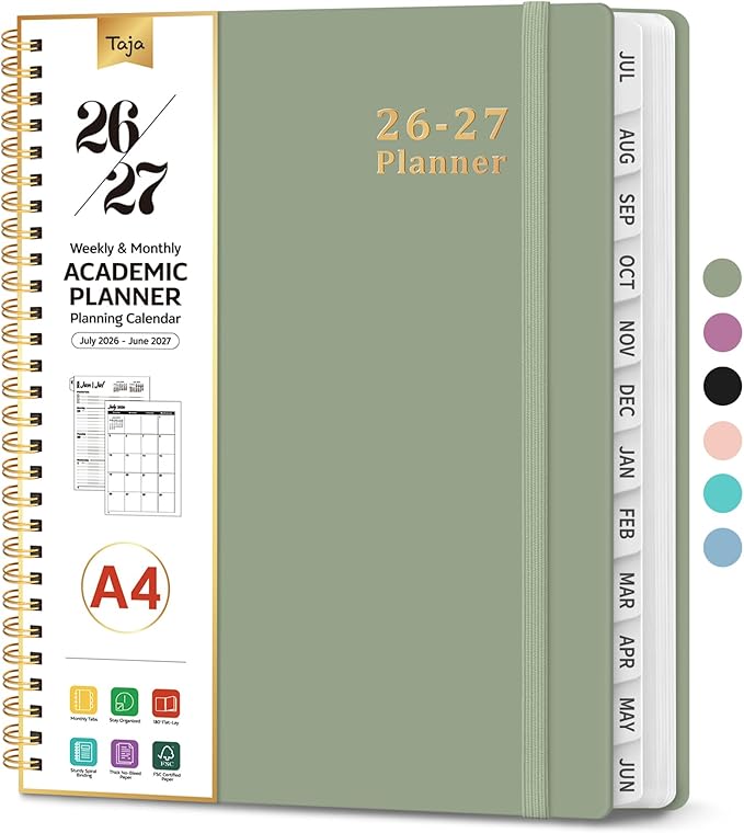Planner 2026-2027, 8.5" x 11" Weekly and Monthly Academic Year Planner Calendar, July 2026 - June 2027, Hardcover Large School Planning Agenda With Tabs, Perfect for School & Office Supplies, A4, Green