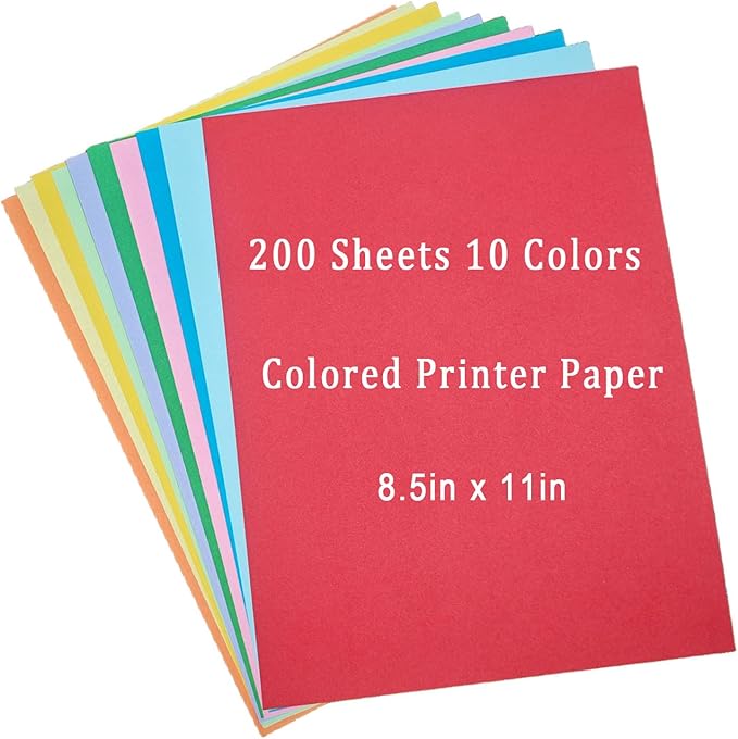 Colored Paper 8.5 x 11 Assorted Colored Copy Printer Paper, 10 Colors 20Ib Lightweight Colored Construction Paper for Cutting DIY Art Painting Drawing Origami Craft School Office Supplie