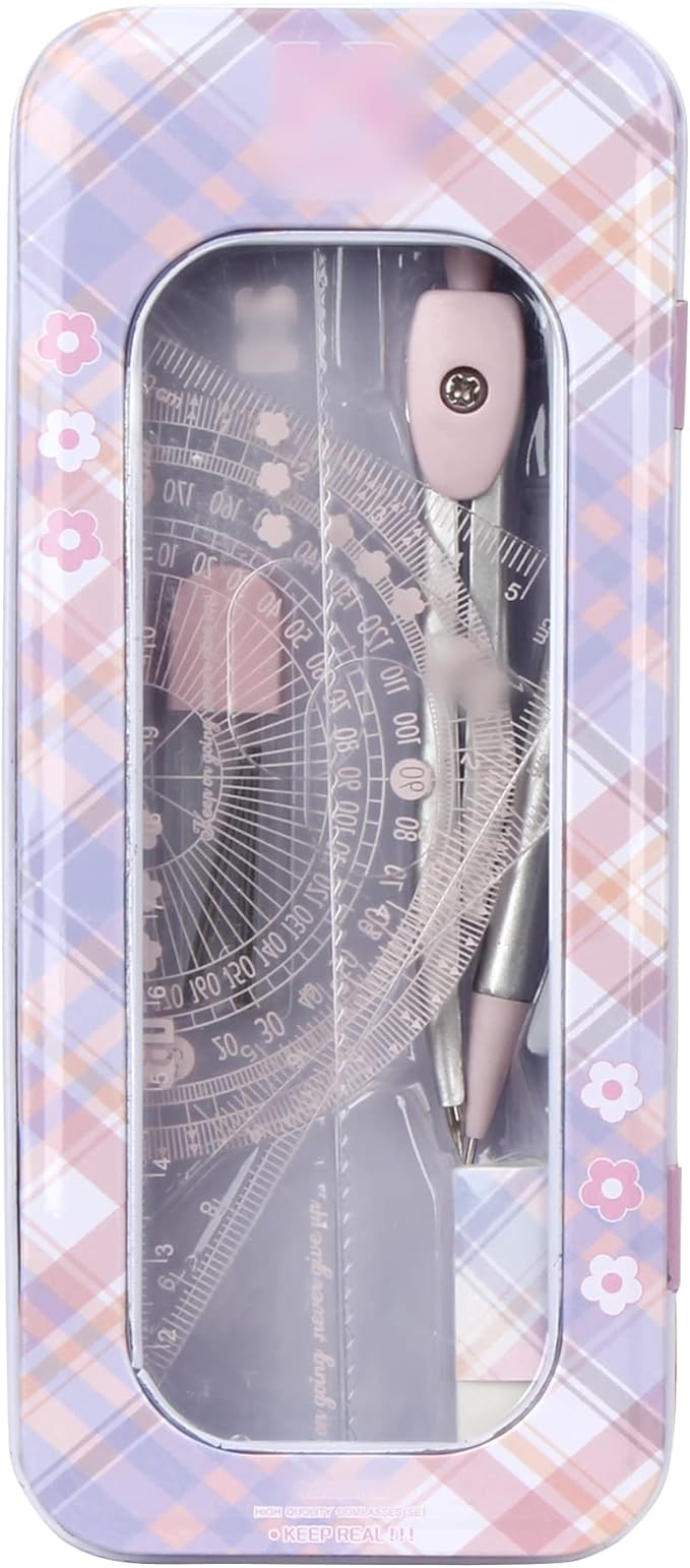 LABANCA 8 Pcs Compass Set with Protractor Rulers Pencil for Math Geometry (07434 Pink)