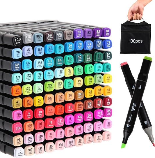 Kebuye 100 Colors Alcohol Markers Set, Dual Tips Blender Art Markers for Drawing Sketching Coloring Artist Pens and Underlining, Professional Permanent Sketch Markers for Kids Adult Coloring