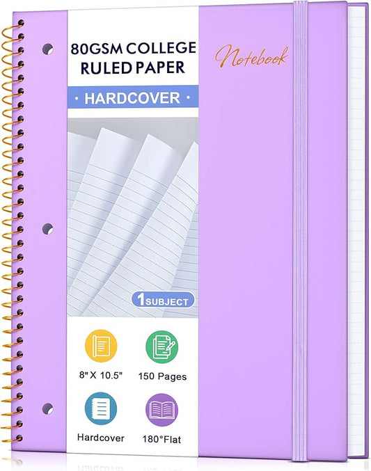 Spiral Notebook College Ruled Paper 8" x 10-1/2", 1 Subject Spiral Notebook 80GSM Paper, 3-Hole Punched Perforated Pages Ideal for School, Office, Writing, 75 Sheets Lined Journaling Notebook, Purple