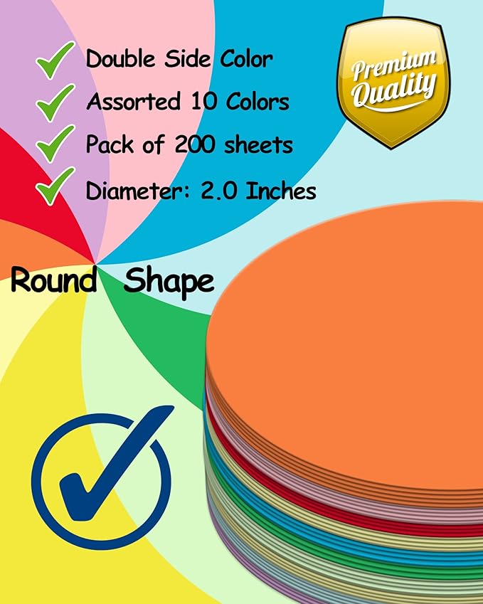 Ezyaid Construction Paper Circles with Assorted Colors 2 Inch, Multicolor Crafting Paper 200 Sheets for DIY Arts and Crafts, Classroom Decor, Bulletin Boards
