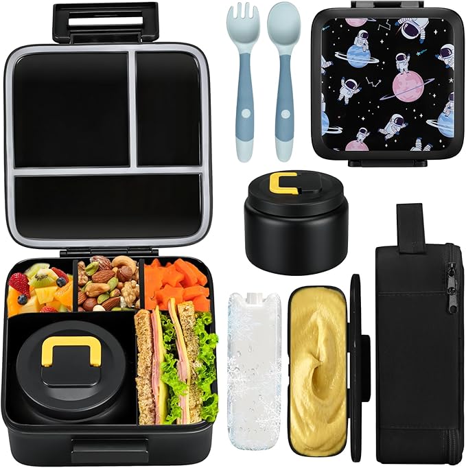 JXXM Bento Lunch Box for Kids With 8oz Soup Thermo,Leak-proof Lunch Containers with 5 Compartment,Thermo Food Jar and Lunch Bag, Food Containers for School (A-Black(Circumnavigate Space))