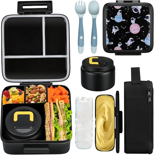 JXXM Bento Lunch Box for Kids With 8oz Soup Thermo,Leak-proof Lunch Containers with 5 Compartment,Thermo Food Jar and Lunch Bag, Food Containers for School (A-Black(Circumnavigate Space))