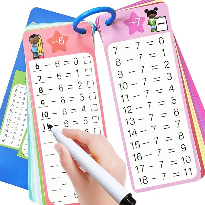 Subtraction Flash Cards 1-12, 15PCS Times Table Flash Cards Chart, with Dry Erase Markers Sorting Ring, 1st, 2nd, 3rd Grades Educational Math Subtraction Game for Kids Classroom Home