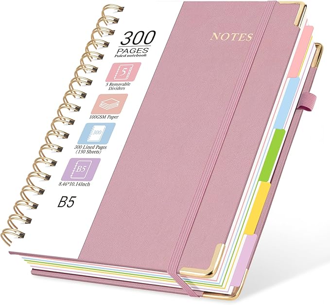 Hardcover Spiral Journal Notebook, 300 Pages 5 Subject Notebook College Ruled with Removable Dividers Tabs, 8" x 10" Notebooks for Work, Spiral Ruled Lined Writing Journal, Hardcover Leather Notebook for School (Pink, 8''x 10'')