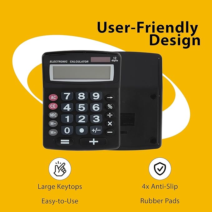 Lily' Home Jumbo 12 Digit, Solar Power, Large LCD Display - Desktop Calculator, Dual Power, Large Button Design, Battery Operation, Easy-to-Read Tilted, for Home, Office, School, Class & Business, 2PK