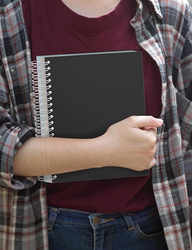 SUNEE Graph Paper Notebook 4x4 Grid Ruled – 300 Pages, 5 Tabbed Pocket Dividers, 8"x10.5", 3 Hole Punched, Durable PP Cover – Spiral Grid Notebook for Engineering, Work, School, Black