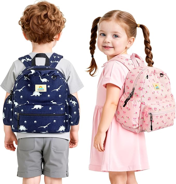 STEAMEDBUN Corduroy Toddler Backpack for Boys 2-4: Kids backpack for Boys Girls - 12 inch Preschool Kindergarten Backpacks - Dinosaur