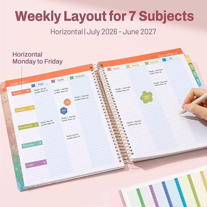 SUNEE Deluxe Teacher Planner 2026-2027, Lesson Planner Book with 7 Periods Jul 2026 - Jun 2027, 8.5" x 11" Weekly and Monthly Organizers with Colorful Tabs, Planning Stickers,120gms Paper, Pink Marble