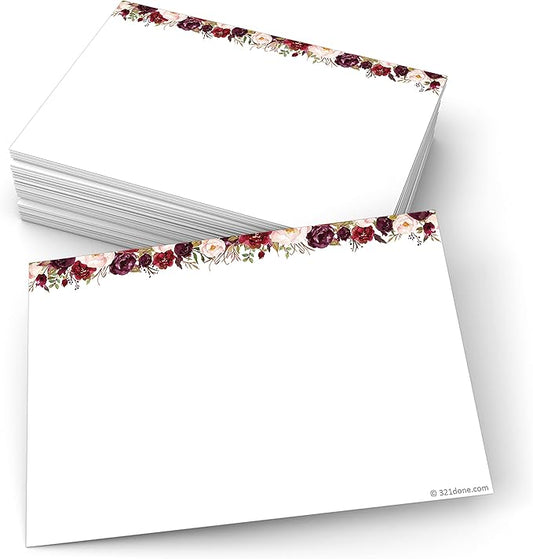 321Done Index Cards with Red Roses Floral Design - (50) 4x6 White Cards - Blank, No Lines - For Studying, Learning, Notes, Messages, Notecards, Crafts & Card Making - Pretty, Cute - Made in USA