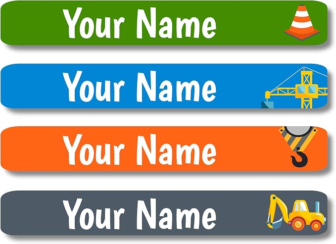 Lovable Labels Personalized Labels for Kids (120 Labels) - Waterproof Dishwasher Safe Peel and Stick Labels are Great for School Supplies Daycare Camp Bottles (Construction Play)