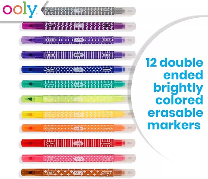 Ooly Make No Mistake Erasable Markers, 12 Stress and Mess Free Marker Pack You Can Erase, Drawing & Coloring Pens for Kids and Adults, Colorful Supplies for Any Arts & Crafts