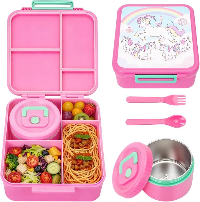 Kids Bento Lunch Box with 12oz Insulated Food Jar, 4-Compartment Lunch Box | Leak-Proof Bento Box for Hot & Cold Food, Easy-Open School Lunch Container for Toddlers Boys & Girls