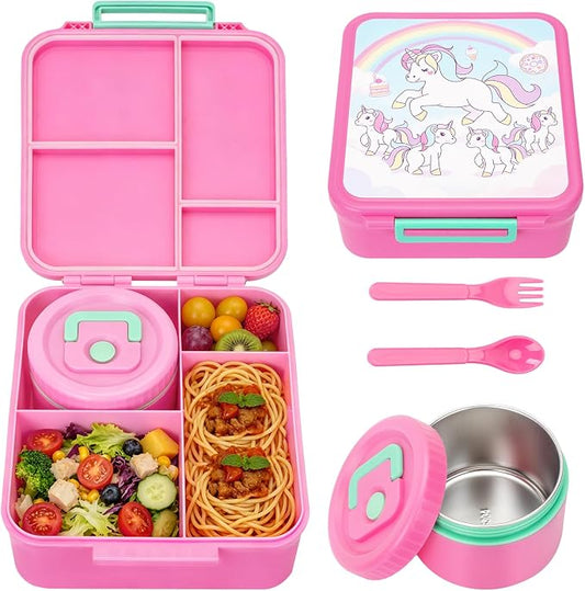 Kids Bento Lunch Box with 12oz Insulated Food Jar, 4-Compartment Lunch Box | Leak-Proof Bento Box for Hot & Cold Food, Easy-Open School Lunch Container for Toddlers Boys & Girls