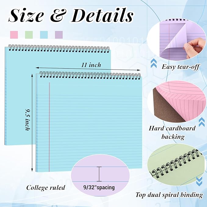 MotiMind 4 Pcs Legal Pads Landscape Notebooks Hole Punched Top Spiral Bound Notebooks 11 x 9.5 Inch College Ruled Drawing Notepad Tear Line for Removal 50 Sheet Office Steno Book(Light Colored)