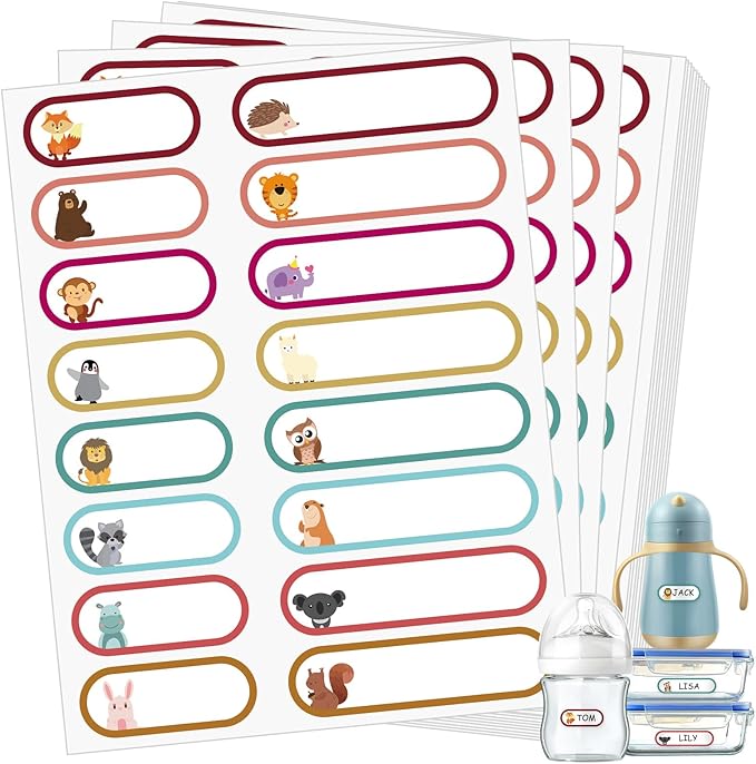 480 Pcs Baby Bottle Labels for Daycare, Waterproof Name Labels Self-Laminating, School Name Labels for Kids Name Tags Stickers(Cute Animal Style)