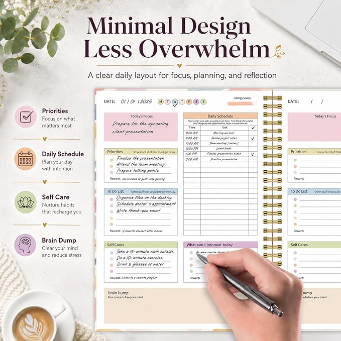 ADHD Planner for Women，Daily Productivity Planner with Task Management Organizer for Neurodivergent Adult,Teens , Self-Cares, Daily Schedule,To-Do List,Brain Dump,ADHD Journal with Cardboard Cover to Stay Organized and Focused (Colorful Leaves)