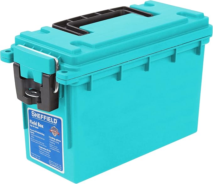Sheffield 12633 Ammo Storage Box, Stackable .30 Cal Field Boxes, Water and Dust Resistant, Lockable Storage Box with Handle, Secures Hunting Gear, Supplies, and Bullets, Made in USA, Teal,(Pack of 6)