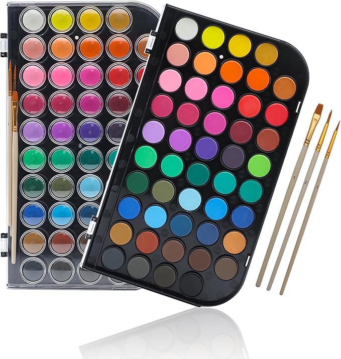 Artecho 48 Colors Watercolor Paint Set, Portable Travel Watercolor Cake Kit with 3 Brushes, Easy-Clean Washable Paint for Card Making, Illustrations, Painting, Calligraphy