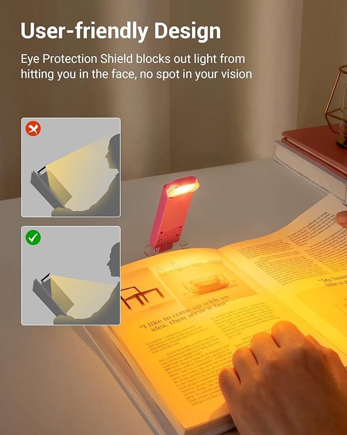DEWENWILS Amber Book Light, USB Rechargeable Book Light for Reading in Bed, 3 Brightness Levels, Blue Light Blocking, LED Clip-on Reading Light for Kids, Bookworms (Pink)
