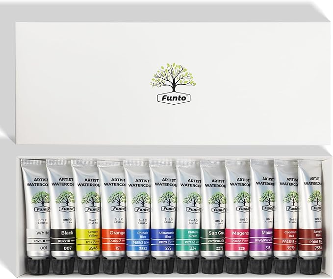Funto Watercolor Paint, 12-Color Tube Refills – 8 ML Each, Professional Water Color Tubes for Travel, Painting & Creative Projects – Watercolors Painting Supplies for Artists, Beginners, Lovers