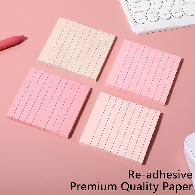 AmazingSpark 12 Pack Lined Sticky Notes 3x3 inch Post Ruled Stickies Super Self Stick Power Memo Pads Multi Colors Notes Pads Vintage Aesthetic School Office Supplies Accessories(Pink)