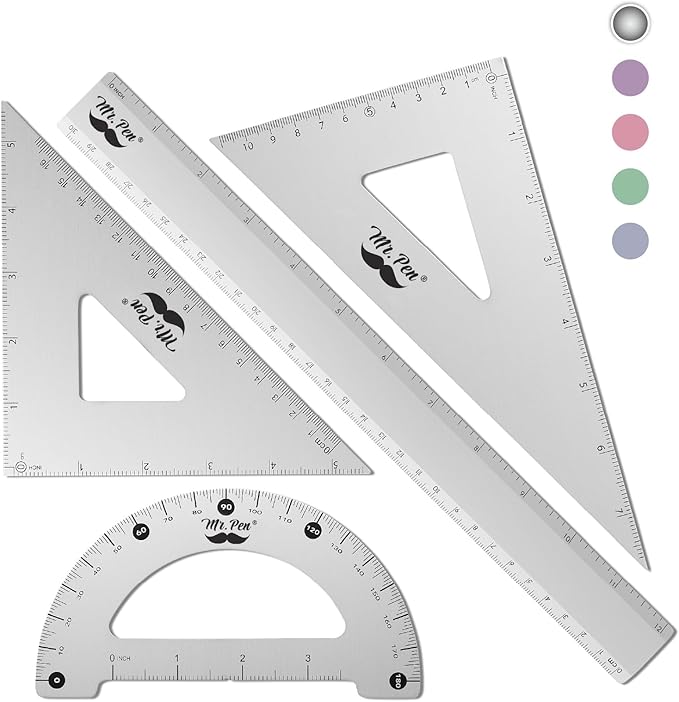 Mr. Pen- Metal Geometry Kit, 4 Pack, 45° & 30°/60° Set Squares, 6" Protractor & 12" Ruler, Durable Metal Drafting Tools for Technical Drawing, Math, Engineering & Architecture