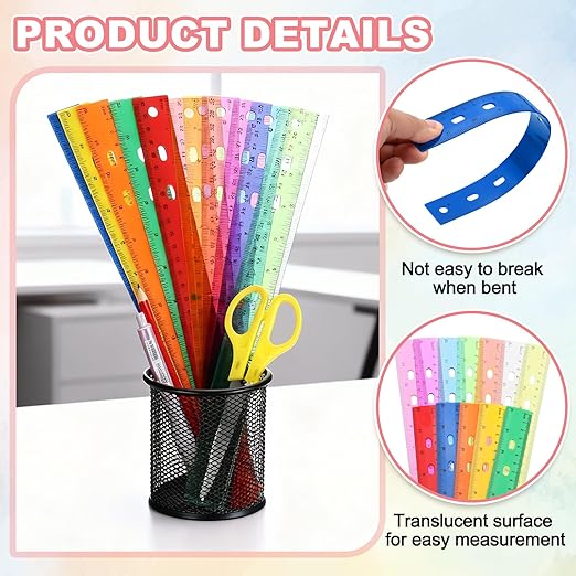 HARFINGTON 12pcs Plastic Rulers 12" (30cm) Clear Straight Ruler Measuring Tool Inches and Centimeters with Hole for Home Office Classrooms Drafting, Blue