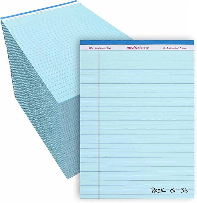 ROARING SPRING Enviroshades Blue Legal Pads, 36 Pack, Legal Ruled Recycled Colored Writing Note Pads, 8.5" x 11", 50 Sheets, Perforated Paper, Made in USA, Memo Pad For School & Office