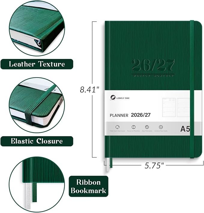 Lonely Oak Academic Planner 2026-2027, A5 Daily Weekly and Monthly Planner 5.75" x 8.4", 13 Months Faux Leather School Year Agenda from Jul.2026 to Jul.2027 for Student and Teacher (Green)