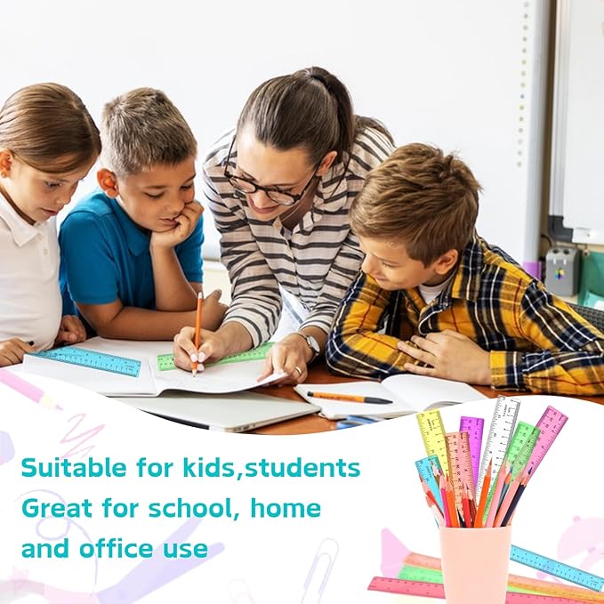 12 Inch Clear Ruler, Kids Ruler, School Ruler, Colored Plastic Rulers, in and cm, Pack of 7