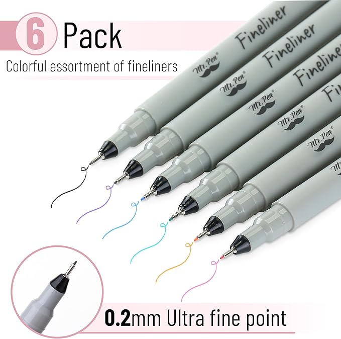 Mr. Pen- Colored Fineliner Pens, 6 Pack, 0.2mm Ultra Fine Point, Smooth Bible Journaling Pens for Detailed Drawing, Note-Taking, Coloring, Sketching, Planning & Art Projects, School Supplies