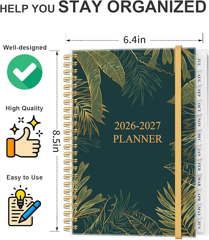 Planner 2026-2027 - Weekly & Monthly Planner from July 2026 to June 2027, Agenda 2026 2027 with Inner Pocket, Elastic Band, 6.4" x 8.5", Green Glod Leaf