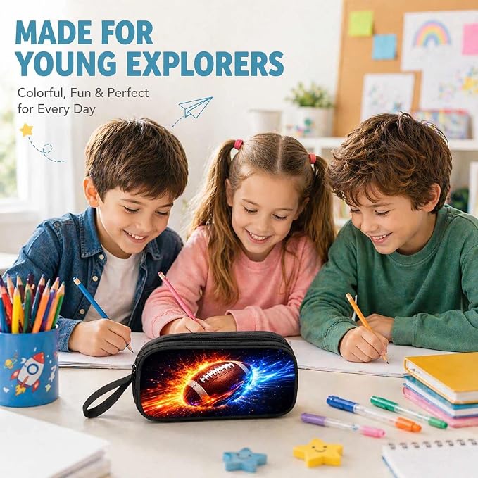 Firmiso Kids Pencil Case, Fire & Ice Football Graphic, Large Capacity Double Zipper Pencil Pouch with Compartments, Durable Polyester School Supplies Organizer, Back to School Essential