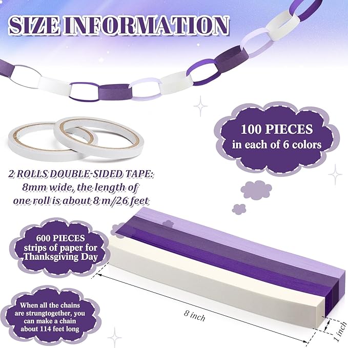 Lincia 600 Sheet Paper Chain Garland Strips 1x8 Inch with Double Sided Tape, DIY Construction Paper Chains for St. Patrick's Day, Easter, Spring Party Decorations, Crafts Supplies (Purple Gradient)
