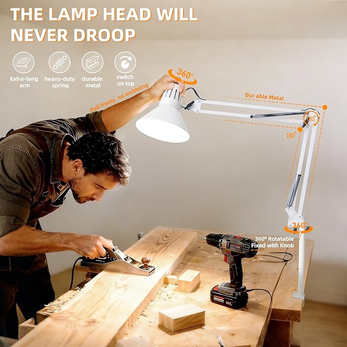 Desk Lamp With Clamp for Home Office, Eye-Caring Clip on Light with Adjustable Extra Tall Metal Swing Arm, High Intensity Clamp Lamp w/LED Bulb, Architect Task Table Lamps for Study, Workbench-W/5000k