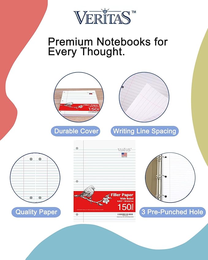 WritePads Wide Ruled Loose Leaf Paper 600 Sheets, 4 Pack Bulk Notebook Paper, 8"x10.5" 3 Hole Punched Binder Fitter Paper, Fits Standard 3-Ring Binders, Ink Bleed Resistant, Made in USA