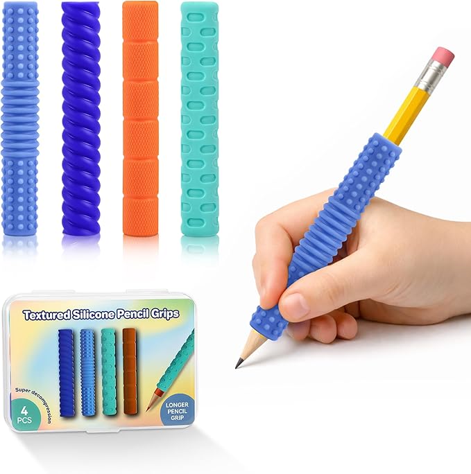 Textured Silicone Pencil Grips, Sensory Pencil Fidget Sleeves for Kids, Teens, Adults with ADHD, Autism, Anxiety Relief, Writing Aid Tools ADHD Tools (4 Packs)