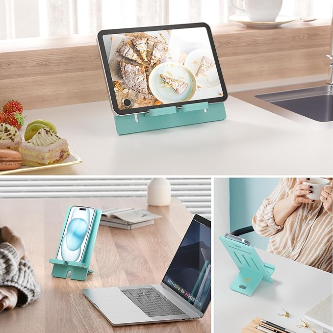 Pezin & Hulin Bamboo Cell Phone Stand, Adjustable Wood Charging Dock Holder, Portable Desktop Phone Rack, Compatible with All Phone -Slim Version(Teal)